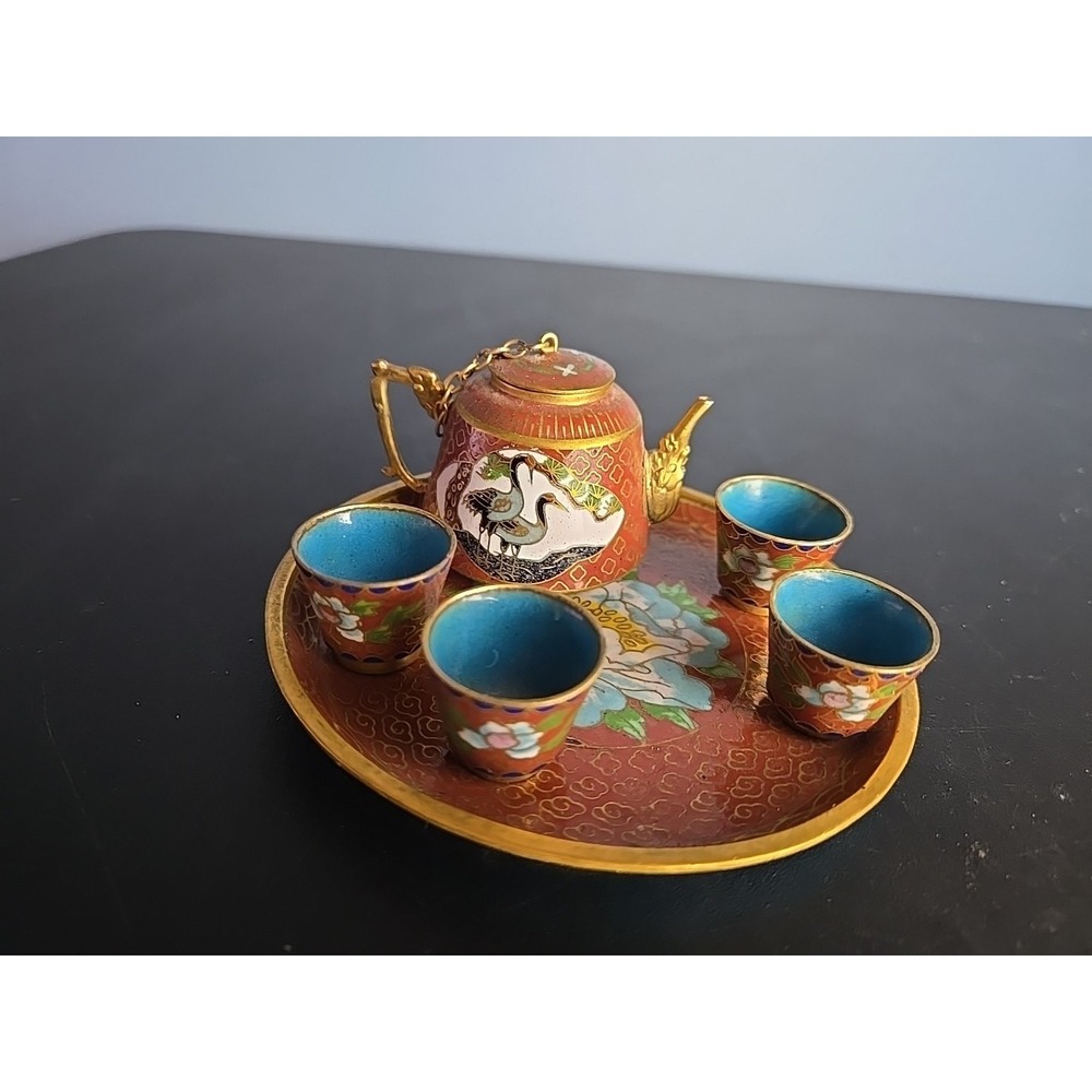Cloisonne Enamel  Vintage Chinese  Teapot  Tea  Cups Tray Miniature Tea Set Of 6